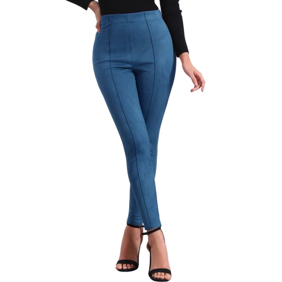 FALDAS CURVAS Leggings de Ante Sintético para Mujeres, Cintura Alta, Pantalones Ajustados, Color Azul Oscuro