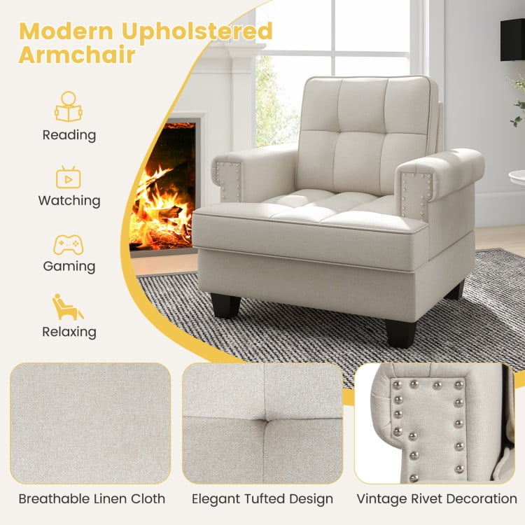 Finihen Accent Chair, Upholstered Accent Armchair, Mid-century Modern Accent Armchair Tufted Linen Club Chair, for Living Room, Bedroom, Reception Room, Beige Finihen Accent Chair, Upholstered Accent Armchair, Mid-century Modern Accent Armchair Tufted Linen Club Chair, for Living Room, Bedroom, Reception Room, Beige