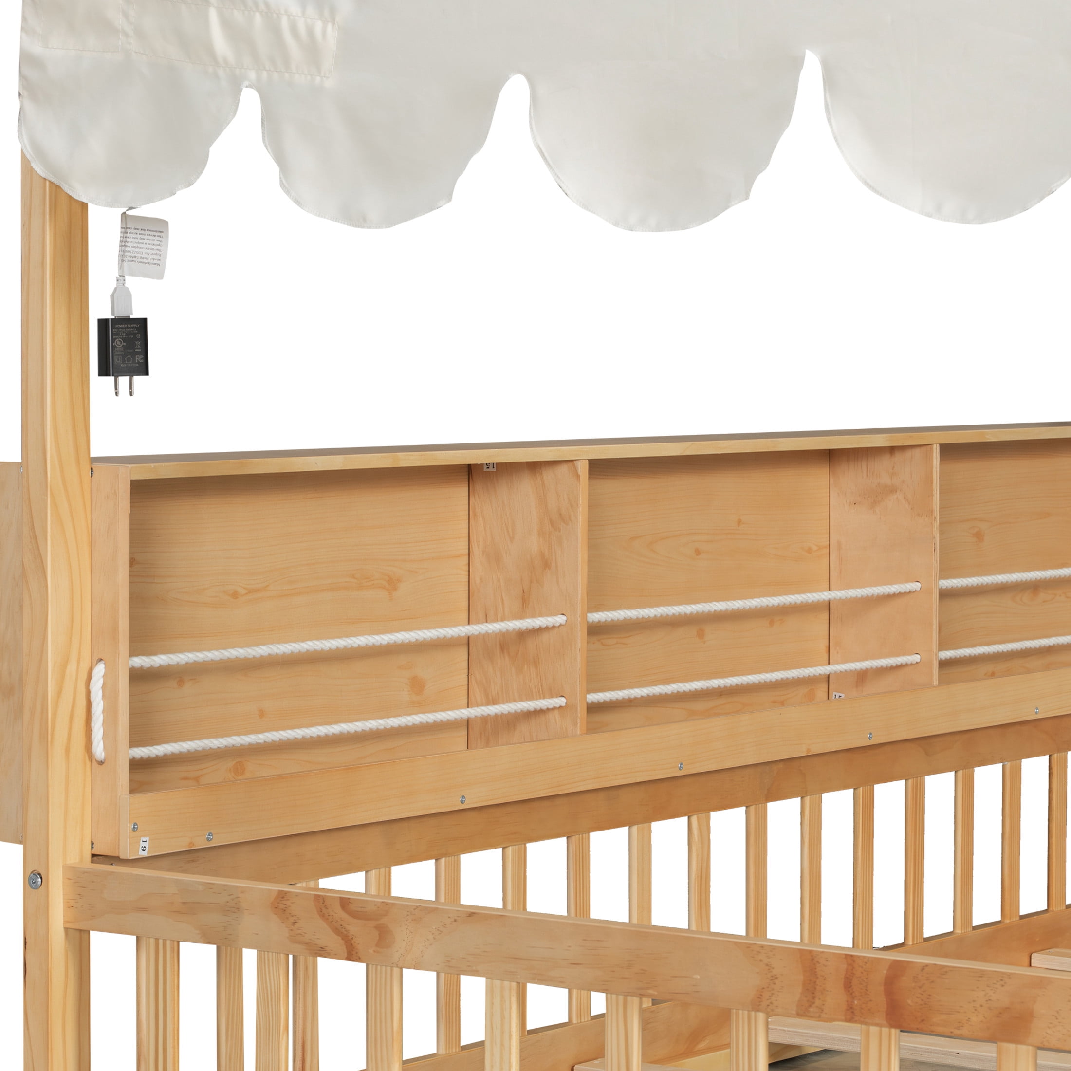 Noble House Larissa Full Size House Bed with Fence and LED Lights, Wooden Floor Bed, Heavy Duty, Natural and Beige
