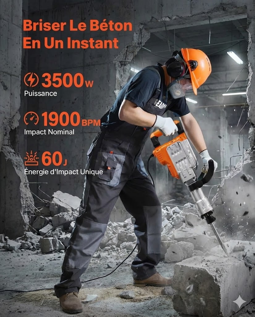 Demolition Jack Hammer, 3500W Jack Hammer Concrete Breaker, 1900 BPM Heavy Duty Electric Jack Hammer, 2pcs Chisel with Gloves & 360°C Swiveling Front Handle for Trenching and Breaking Holes