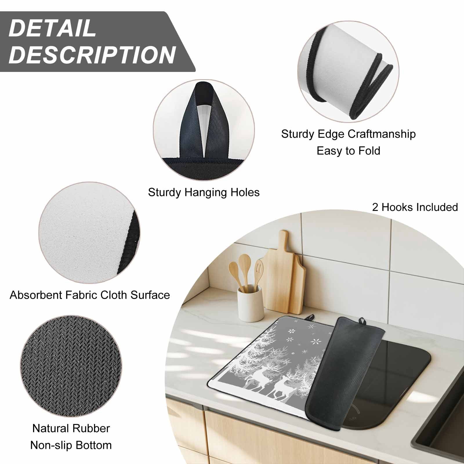 Grey Christmas Stove Top Cover for Electric Stove, Heat-proof & Non Slip Glass Top Stove Cover Protector, Xmas Tree Snowflake Elk Kitchen Flat Cooktop Rubber Mat 24x21 Inches