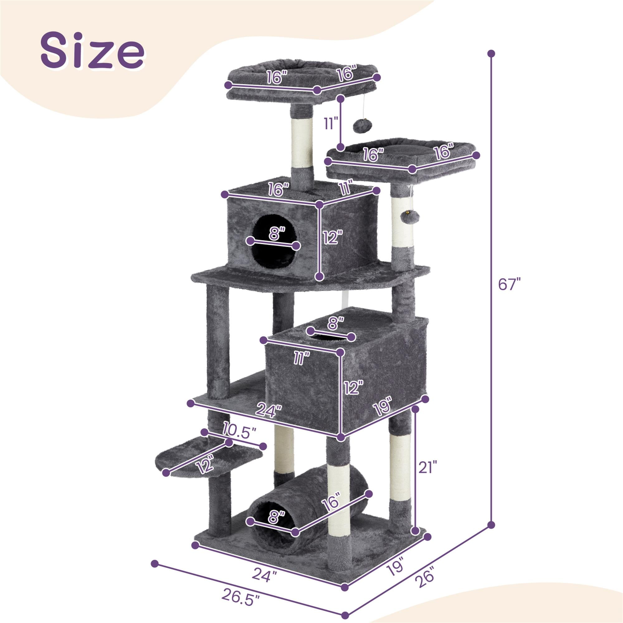 Kadyn 65" Large Cat Tree Tower, Cat Tree House for Indoor Cats with Padded Platform Bed, Toy Balls, Cozy Condo and Sisal Scratching Posts, Gray