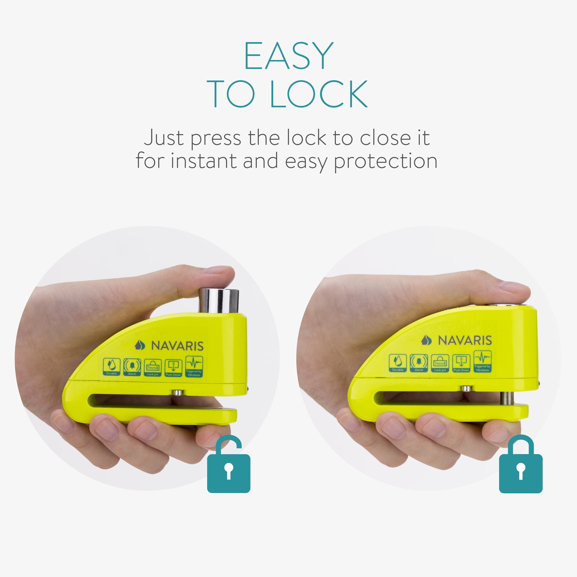 Navaris Motorcycle Disc Lock with Alarm - 110dB Anti-Theft Brake Wheel Caliper Lock with 4FT Reminder Cable for Motor Bike, Scooter, Moped - Green