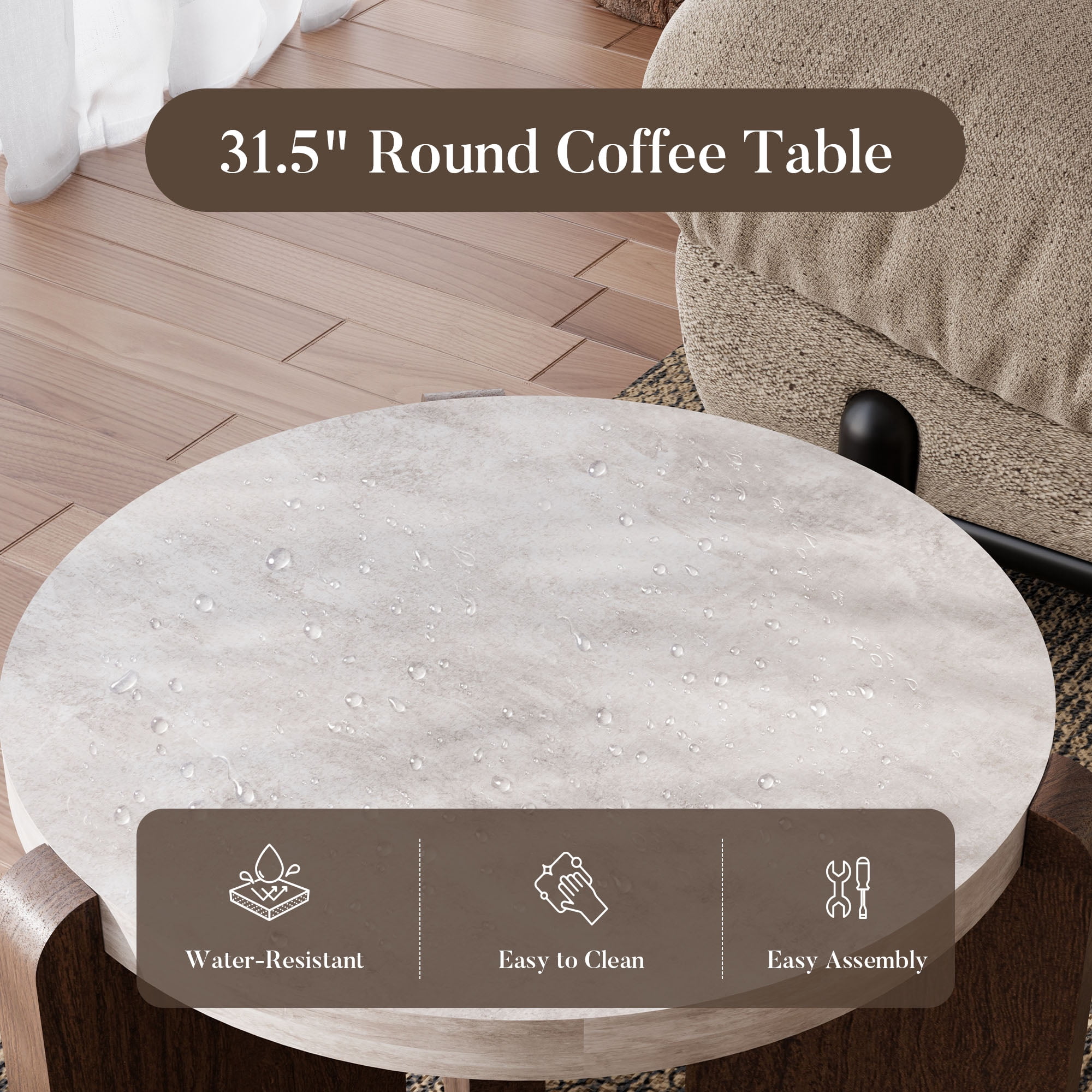 FOROUTIA Small Round Side Table with 3 Walnut Legs ,Morden Faux Marble Top Design