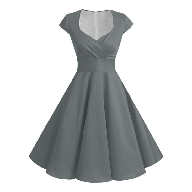Vestido retro de fiesta liso para mujer: diseño informal de corte A, cintura alta para diversas ocasiones, tallas S-XXL.