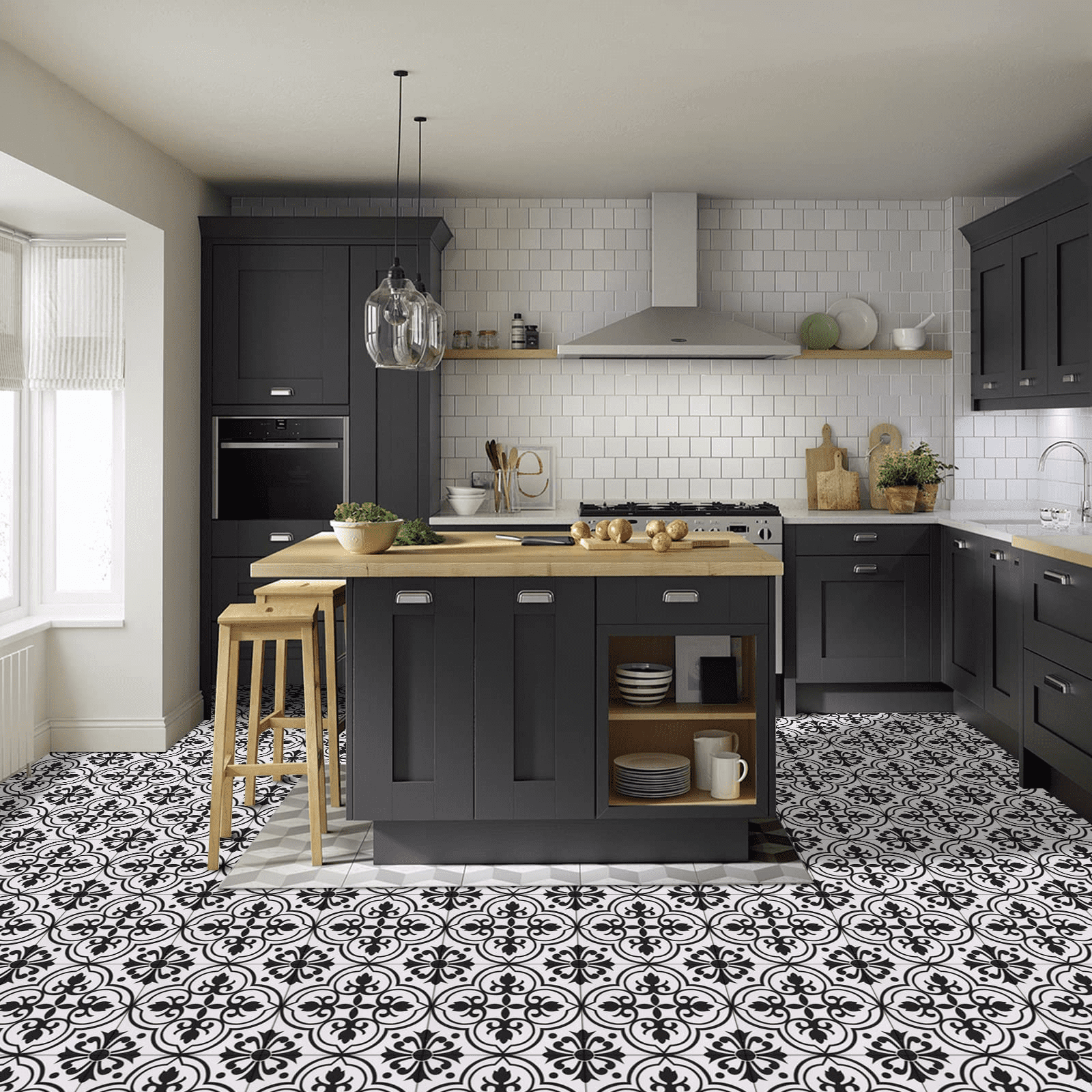 (3 pack) Abyssaly Peel and Stick Floor Tile 11.8" x 11.8" 10 Pcs Black and White Flower Floor Vinyl Flooring Waterproof DIY Flooring for Bathroom, Kitchen, Bedroom, Living Room