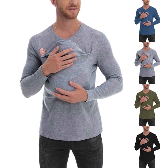 Lekwk Chandail Kangourou pour Hommes Femmes Unisexe à Manches Longues T-Shirt à Col en V Chandails Porte-Bébé Hauts Doux et Confortables avec Pochette Kangourou Tenues Décontractées d'Extérieur
