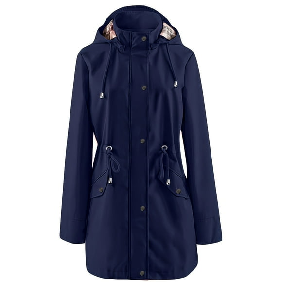 UPPADA Women Plus Size Rain Jacket Zipper Lightweight Waterproof Rain Coat with Hooded Solid Color Windbreaker with Pockerts,Cute Rain Coats for Women Navy XXXL