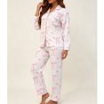 thumbnail image 6 of Vynhevius Women's Printed 2‑Piece Pajama Set Lapel Collar Open Front Long Sleeve Top Pants Comfortable Sleepwear,Pink,M, 6 of 7