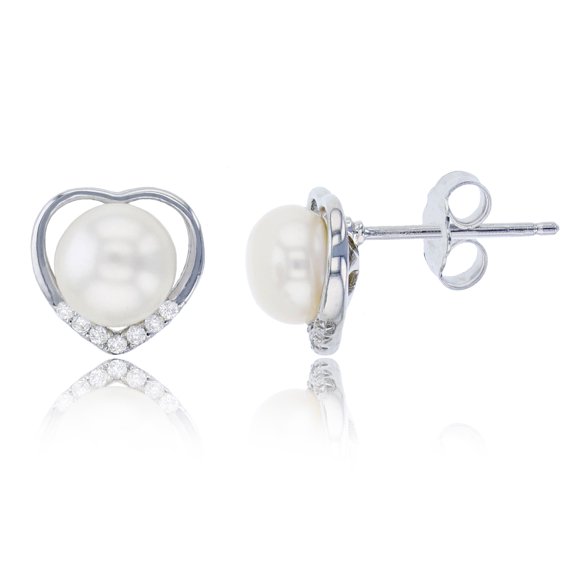 Decadence Sterling Silver Rhodium 7mm Freshwater Pearl & Cubic Zirconia Open Heart Stud Earring