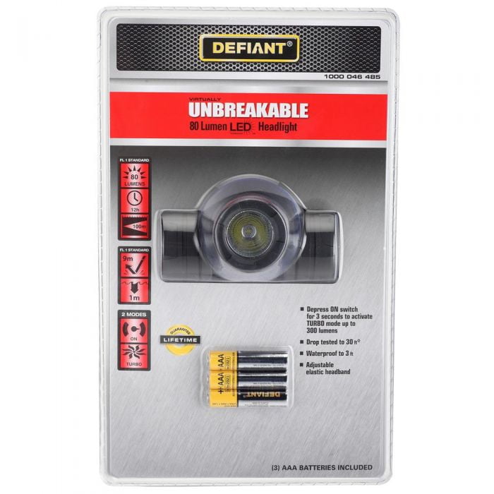 Defiant Unbreakable 80Lumen LED Headlight Head Lamp AAA Batteries