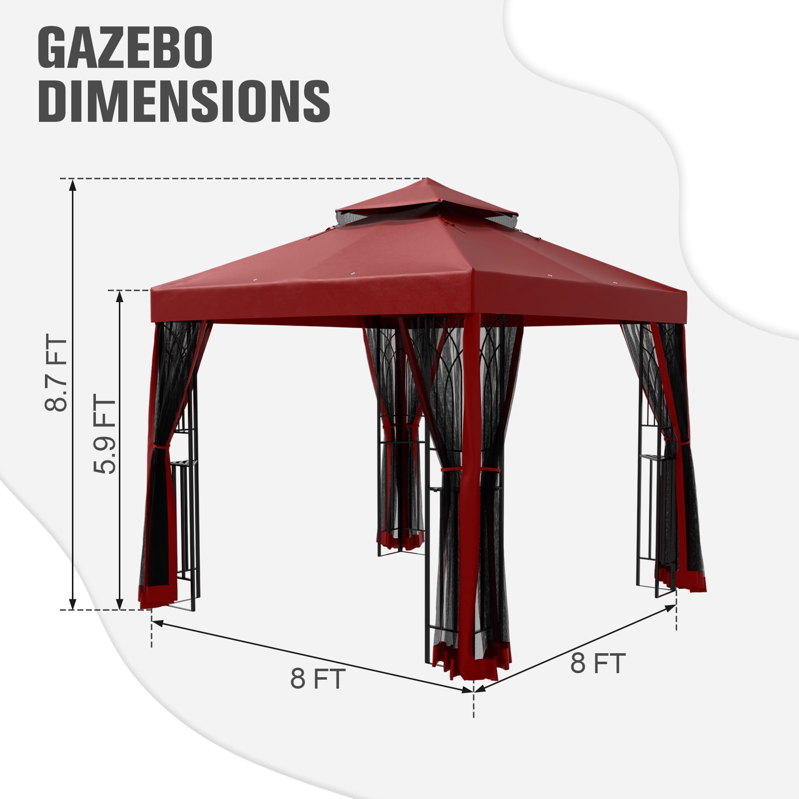 COOS BAY 8 ft. W x 8 ft. D Red Outdoor Patio Soft Vented Top Gazebo with Zipped Netting, Corner Shelves, Ceiling Hook