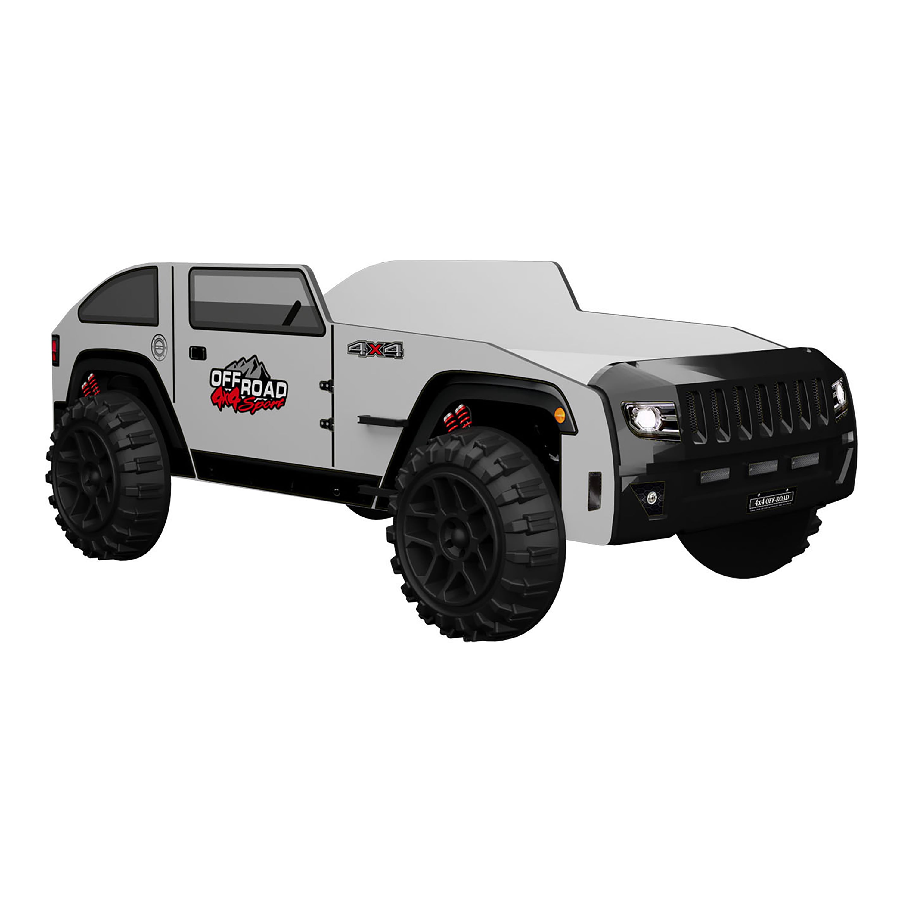 Furniture of America Adventure Kids Twin ABS Plastic Platform Bed with LED Headlights, Jeep Design, Black and White