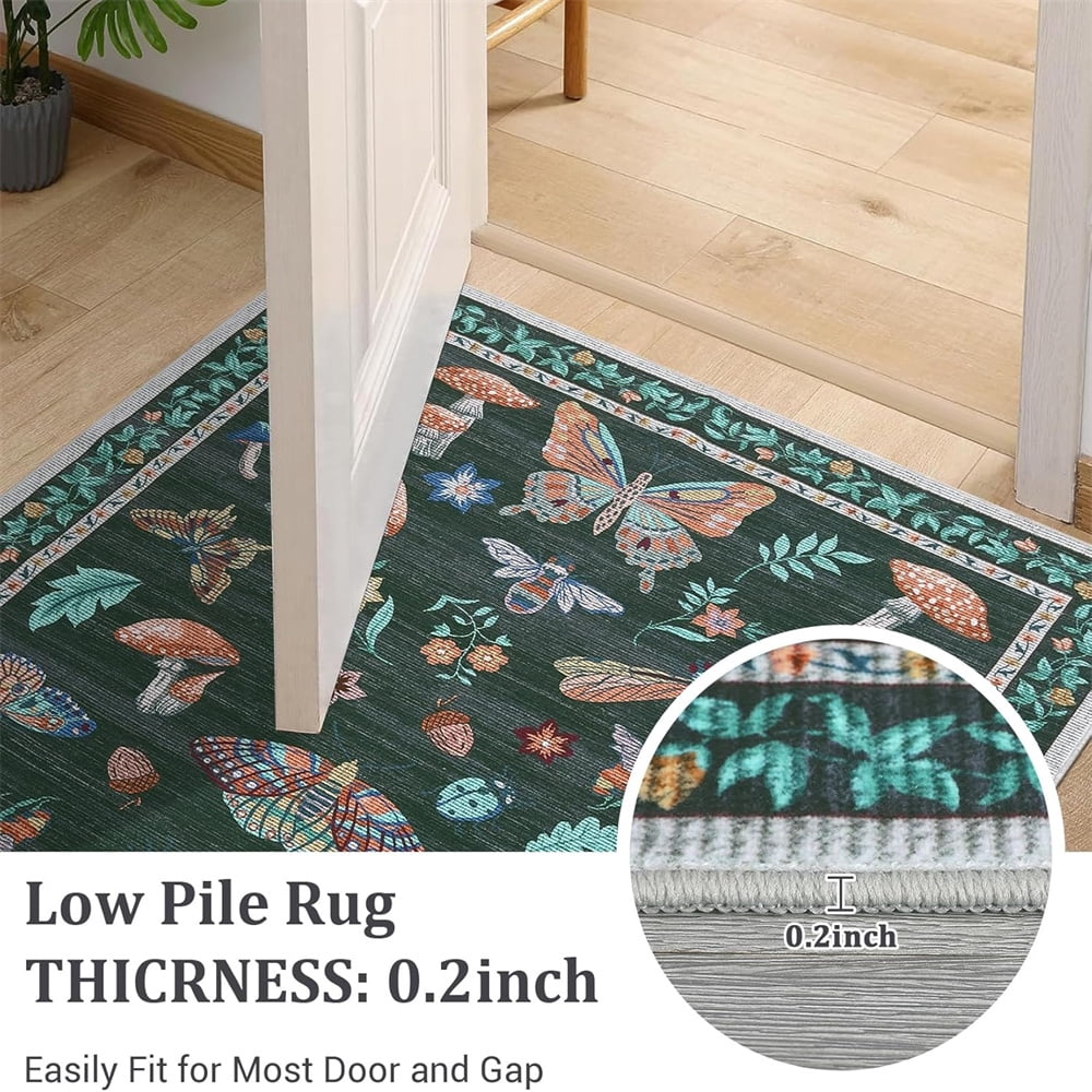 Washable Runner Rug Modern Insect Floral Print Area Rug Mushroom Carpet for Kitchen Stain Resistant Carpet with Non-Slip Backing Low Pile Floor Cover for Hallway Laundry Bedroom