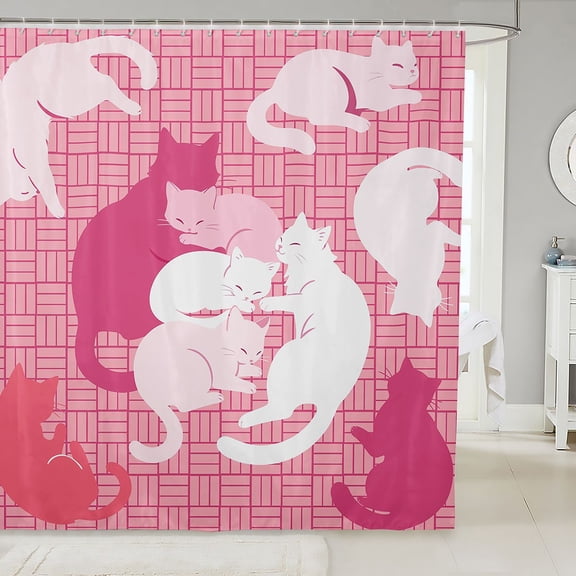 Manfei Pastel Cat Silhouette Shower Curtain 72Wx72L, Grid Lattice Bathroom Curtain, Pink White