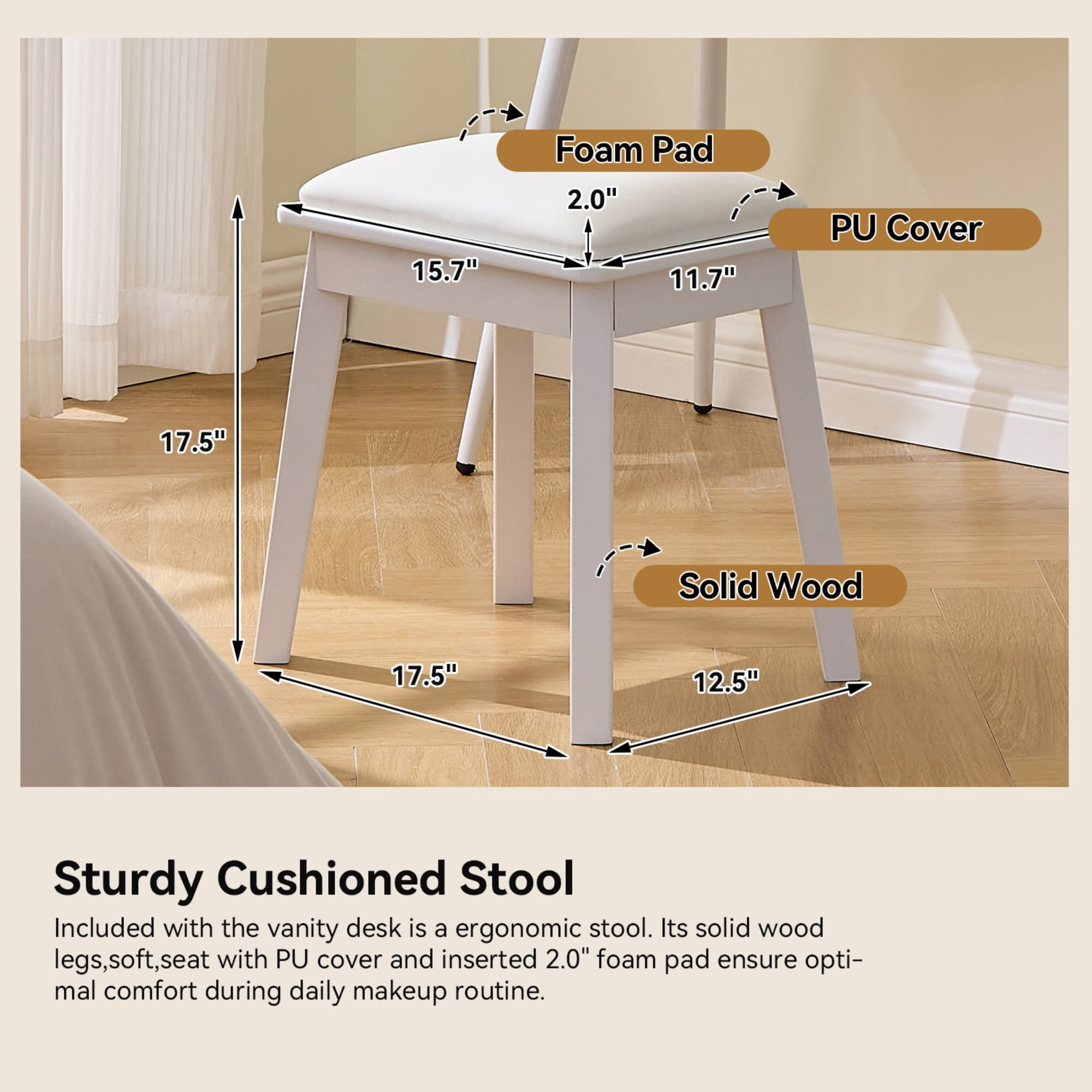 AENKYO Vanity Table Set with LED Lighted Mirror, 4 Drawers, Makeup Table with Movable Side Cabinet & Stool, White