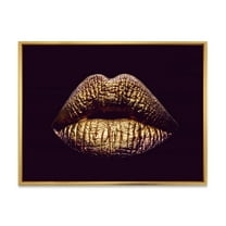 Designart 'Sexy Golden Metallized Woman Lips II' Modern Framed Canvas Wall Art Print