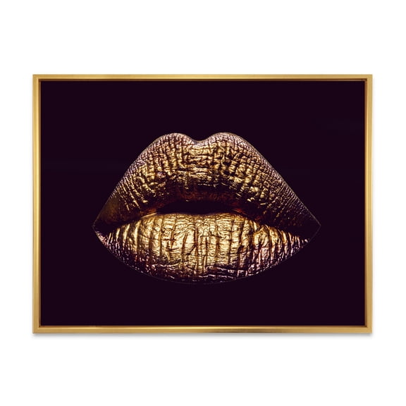 Designart 'Sexy Golden Metallized Woman Lips II' Modern Framed Canvas Wall Art Print
