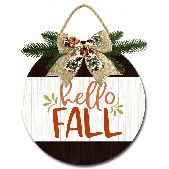 Eveokoki 12" Hello Fall Funny Signs for Front Door Farmhouse Porch，Rustic Round Wooden Hanging Wreaths for Housewarming Gift Festival Decoration Outdoor Indoor Wall Decor