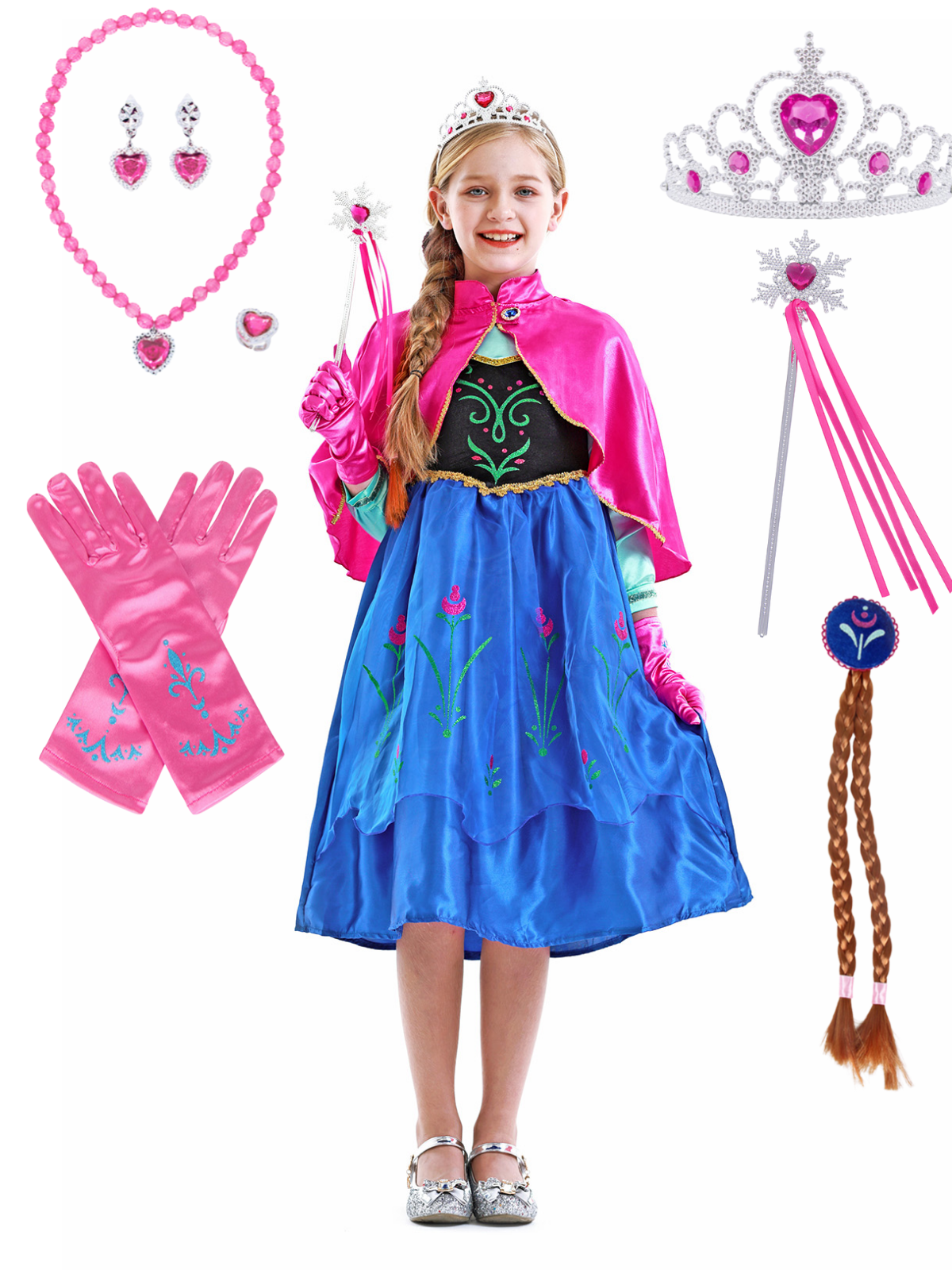 Jurebecia Frozen Anna Princess Snow Party Long Sleeve Dress Cosplay up
