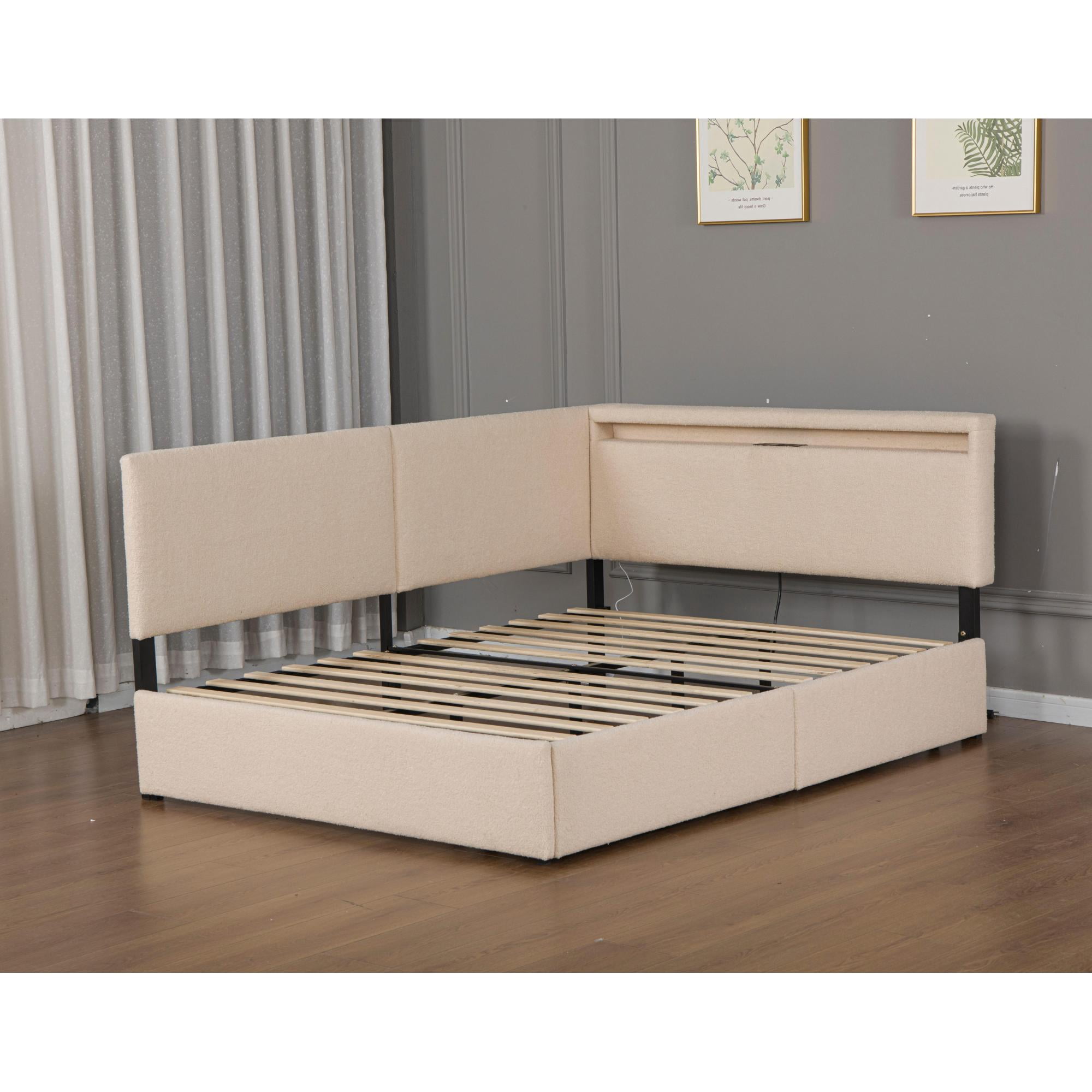 Leumius Full Size Boucle Daybed Frame, Upholstered Cloud Bed Frame with Headboard, 2 Storage Drawers, LED light and USB Charging Design, Solid Wood Legs and Slats for Bedroom Guest Room Beige