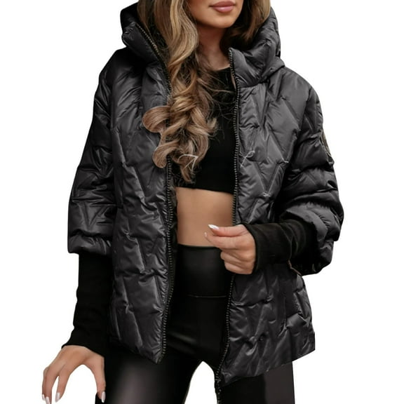 VNKIDY Women Parkas Winter Loose Fit Lightweight Solid Color Cotton Padded Coats Slim Fit Long Sleeve Zipper Hooded Jacket For Outdoor Wear Classic Outerwear