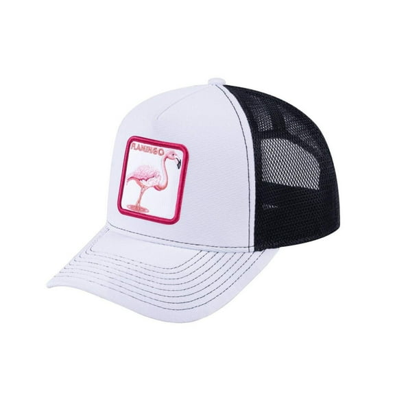 Unisex V2 Embroidered The Flamingo, 5-Panel Trucker Hat, White/Black, Adjustable Fit