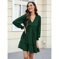 thumbnail image 3 of TEMOFON Women Swiss Dot Dress Long Sleeves Short Mini Dress V Neck Flowy Casual Loose Fit Babydoll Dress Green, 3 of 6