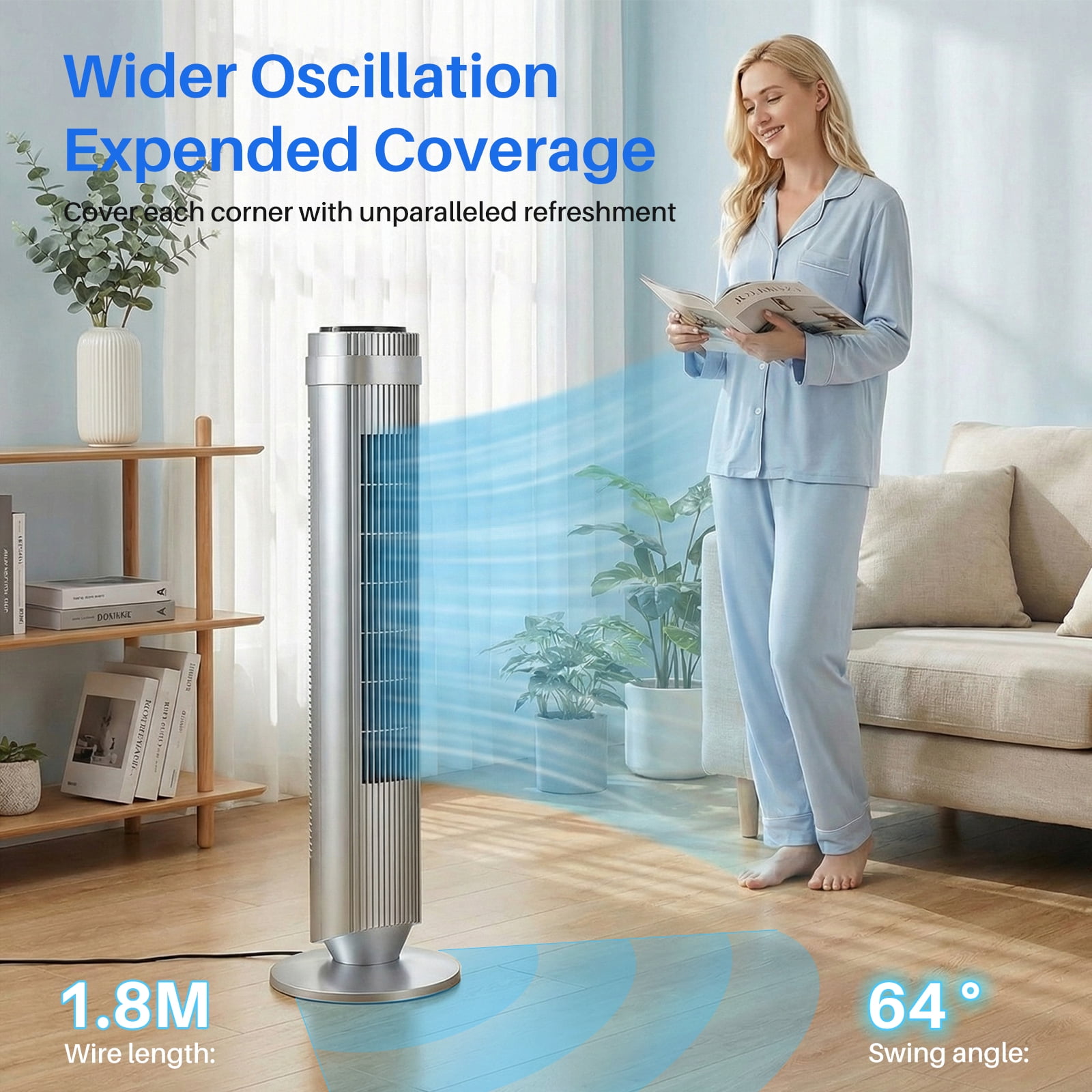 EDX Bladeless Tower Fan for Bedroom, 25ft/s High Velocity 28dB Quiet DC Fan, 5 Speeds 4 Modes, 12H Timer 64°Oscillating, Remote Standing Fan for Home Office Indoor, Silver