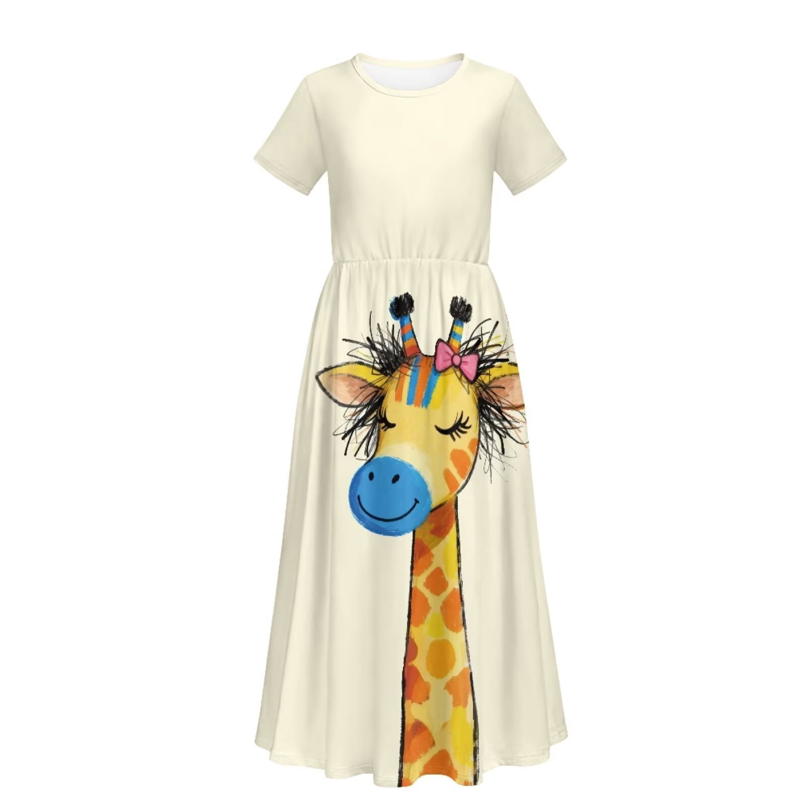 Uourmeti Girl's Maxi Dress Cartoon Giraffe Print Short Sleeve Long Dresses Crew Neck Elegant Casual Sundress with Pockets, Size 7-8 Years