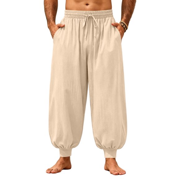 WULMLEO Mens Harem Pants Casual Elastic Waist Drawstring Baggy Hippie Trousers Cotton Linen Boho Yoga Beach Pants Khaki XL