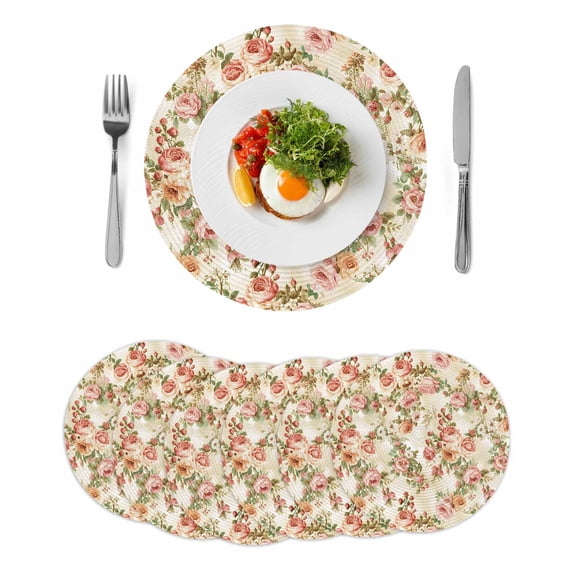 Pink Retro Rose Round Table Placemats set of 6, Vintage Floral Washable Woven Place Mats for Dining Tables Kitchen Party Decor,Heat Proof, 15in,