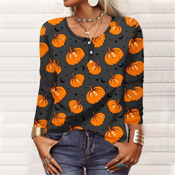 Long Sleeve Shirts For Women Halloween Pattern Print Graphic Tees Blouses Casual Plus Size Basic Tops Pullover