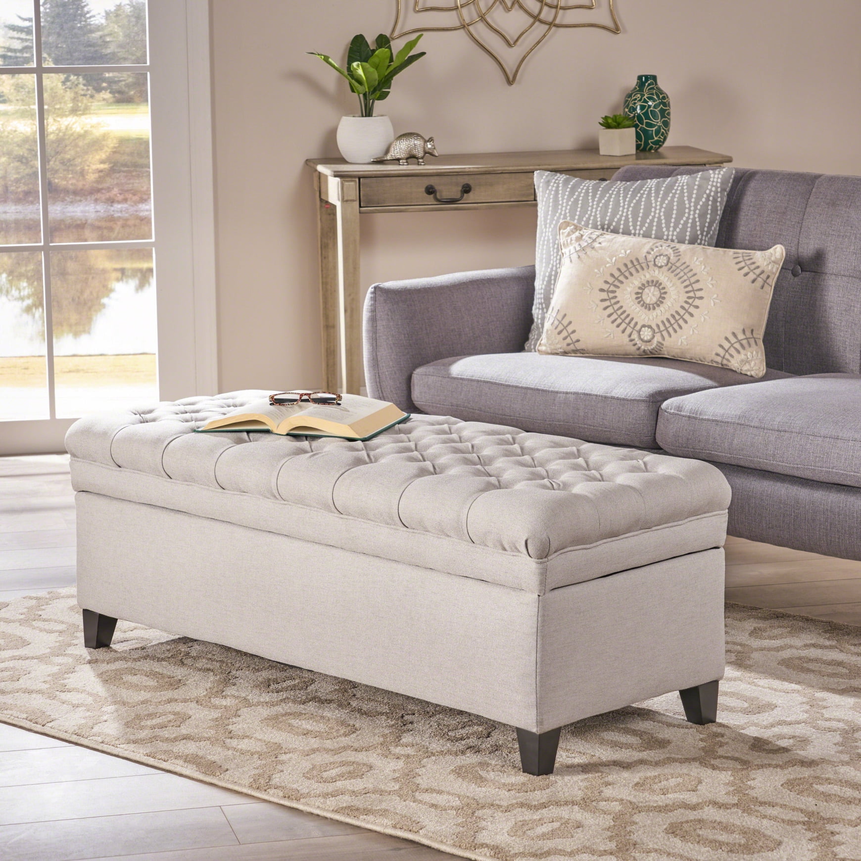 50" Storage Ottoman, Storage Ottoman Bench with Wooden Legs and Safety Hinge, Tufted Entryway Bedroom Bench, Holds up to 330 lb, for Living Room, Bedroom, Light Grey