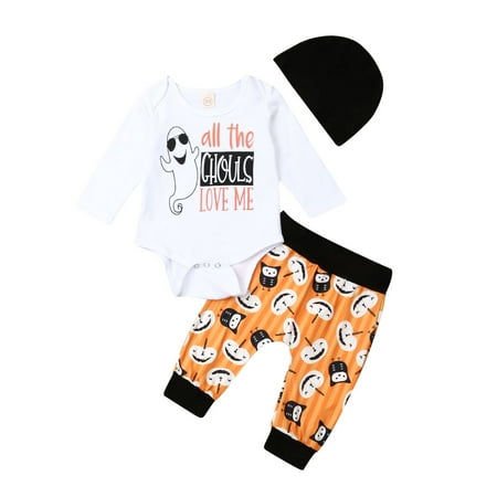 

Imcute Toddler Baby Halloween Unisex Suit Spring Autumn Long Sleeve Romper Tops+Printed Pants+Solid Hat