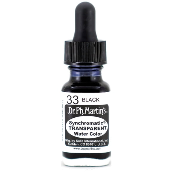 Dr. Ph. Martin's® Synchromatic Transparent Water Color (33) Watercolor Bottle, ½ US fl oz, Black, 1 Bottle