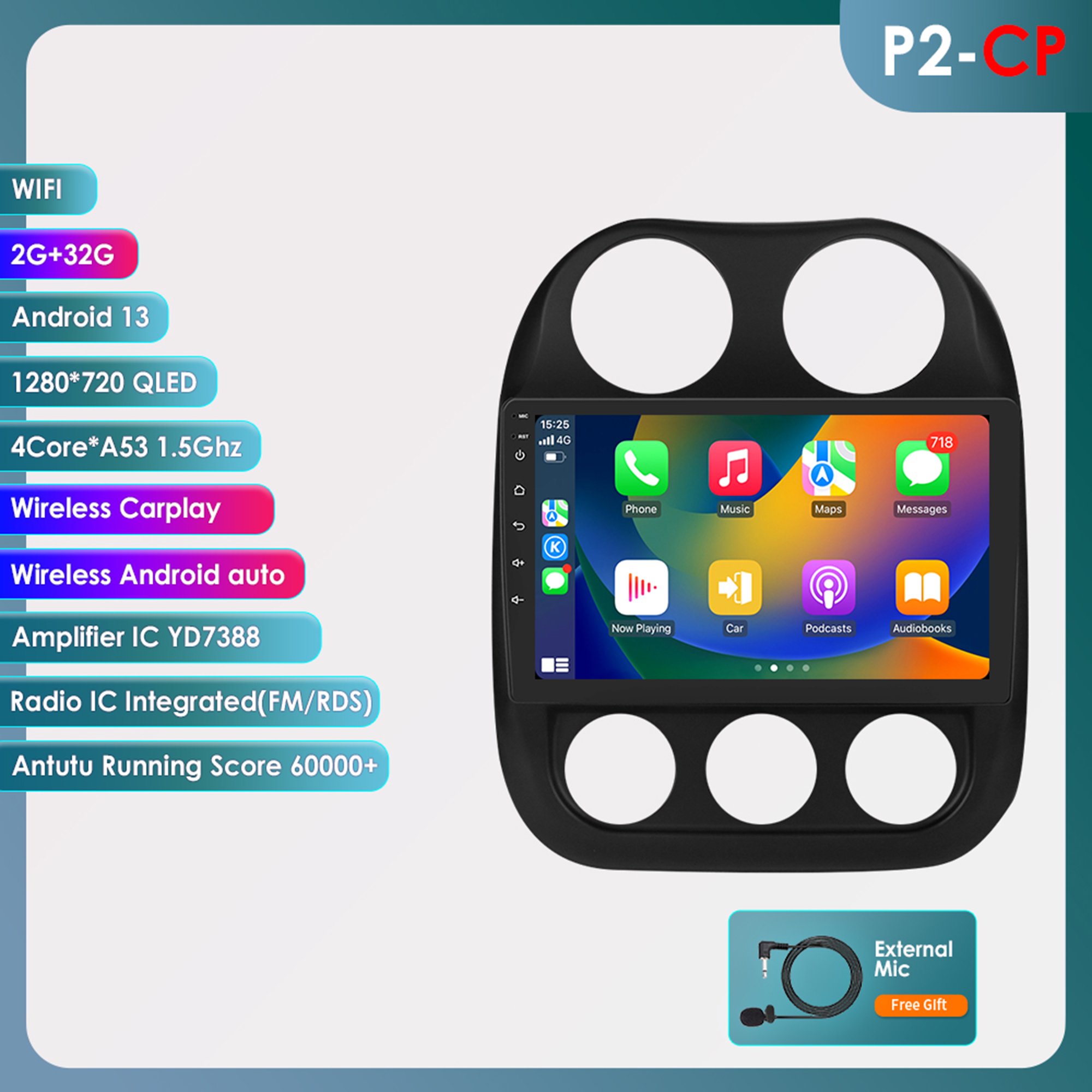 Apple Carplay Android 13 Wifi 2+32GB Bluetooth Auto Car Stereo Radio Head Unit GPS Navigation Player For Jeep Compass Patriot 2011 2012 2013 2014 2015 2016 2017
