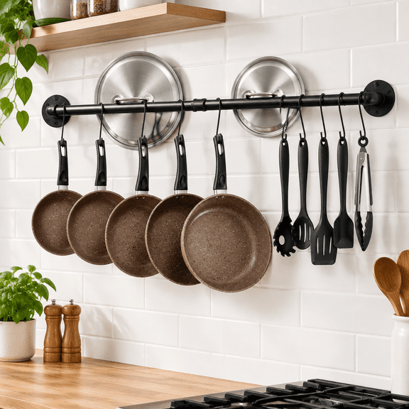 38'' Pot Rack Wall Mounted Iron Pipe Hanging 14 S Hooks