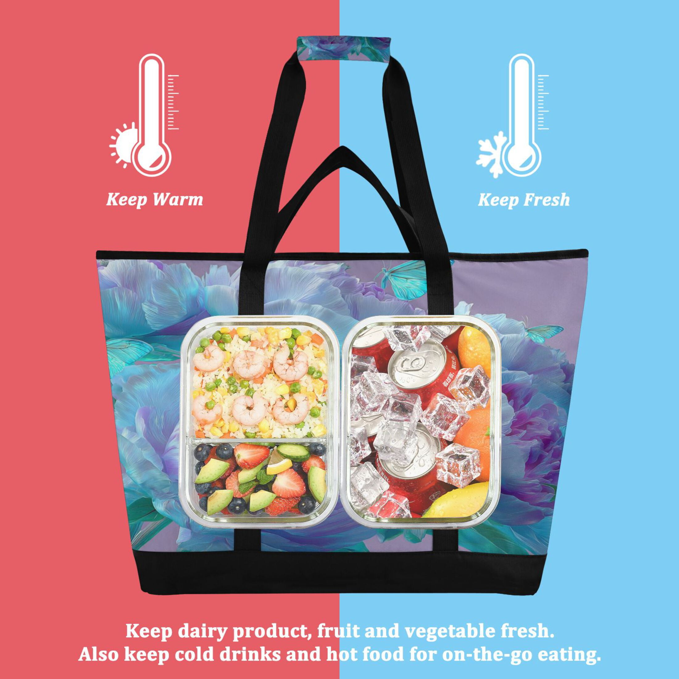 Large Hand-held Ice Pack Picnic Bag Insulation and Refrigeration Suitable for Shopping Picnics and Camping Purple Flower Butterfly