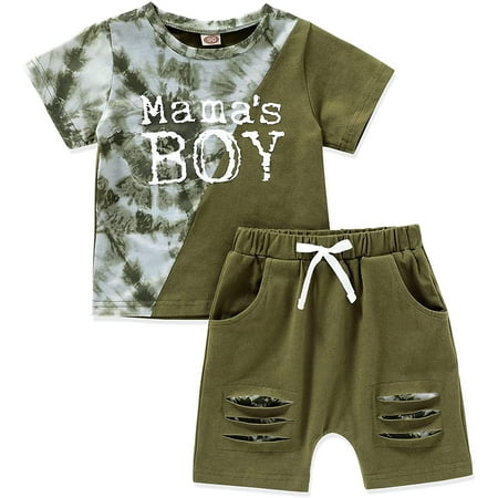 

Morttic Toddler Baby Boy Girl Tie Dye Mama s boy Outfits Summer Short Sleeve T-Shirt Top+Short Pants Clothes (Green 18-24M)