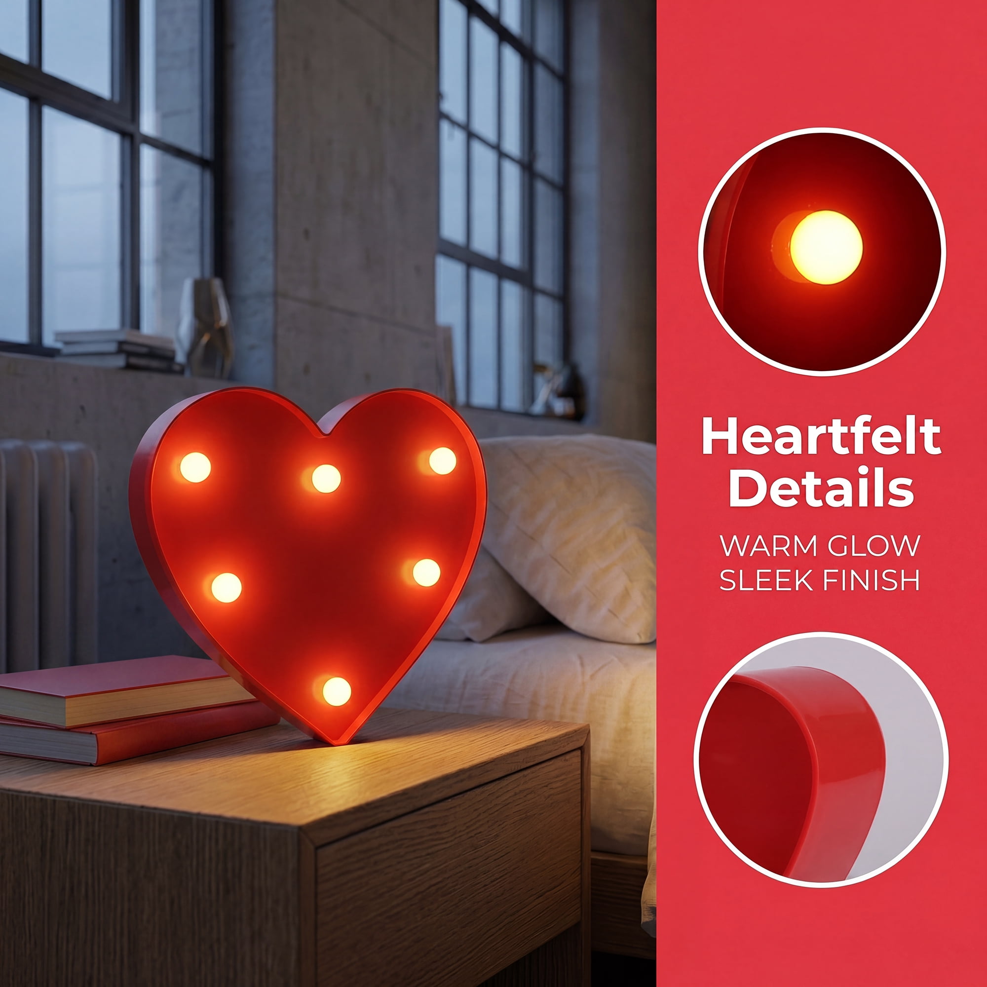 Unique Bargains Small Heart Marquee Light Up Sign LED Heart Lamp Red 6.5" x 1" x 5.9"