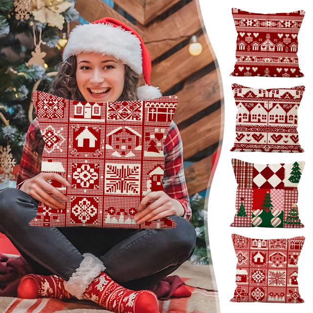 ¡Gran Ahorro en tu Compra!, Funda de almohada navideña de lino con estampado geométrico enrejado, funda de almohada con borde para dormitorio, sofá, funda de almohada para la cintura Akmoler