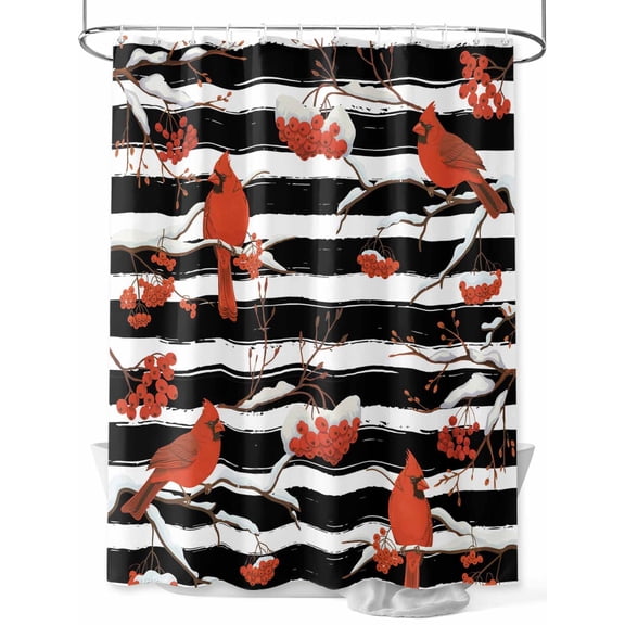 Christmas Cardinal Bird Shower Curtain Set ，Waterproof Fabric Shower Curtains Winter Red Birds Black White Strips Shower Curtains for Bathroom,Bathroom Decor 72"x78"
