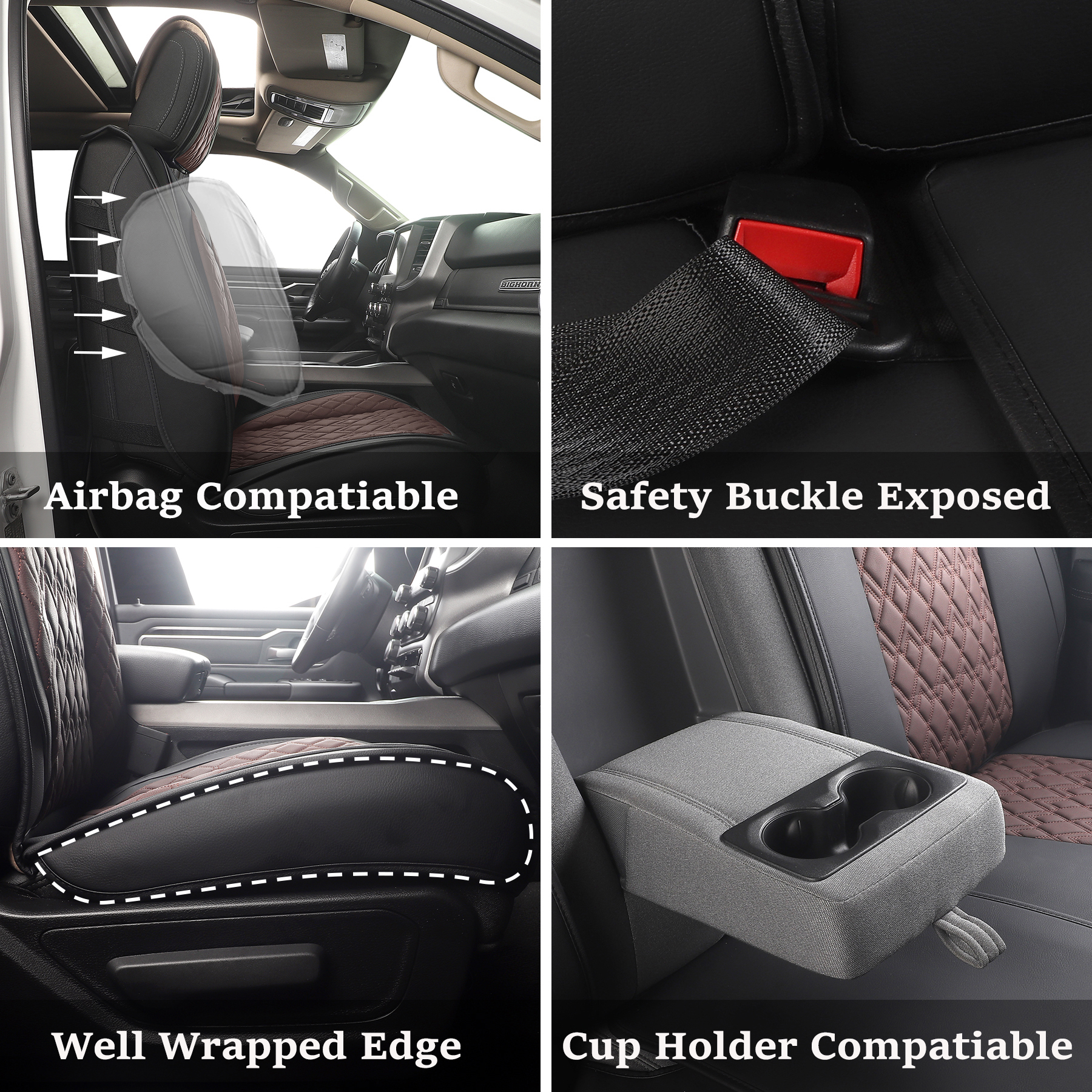 JOJOBAY Car Seat Covers for Dodge Ram 2 Pcs Front,Fit Ram 2009-2026 1500/2500/3500 Pick-up Truck,Crew,Regular,Quad,Mega Cab,Waterproof Leather Seat Covers Protectors（2PCS Front,Black-Brown）