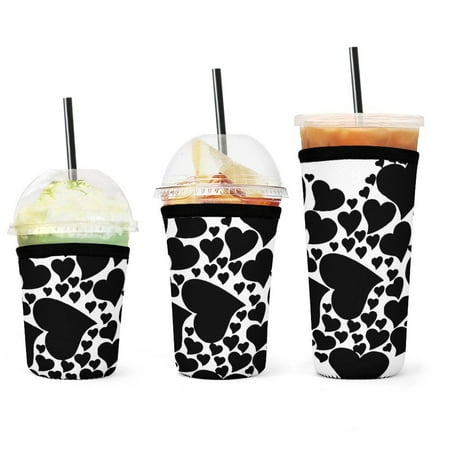 

Set of 3 Packs Reusable Hot And Iced Coffee Cup Sleeve Neoprene Tumbler Sleeve Black Love Heart Pattern(16 24 32oz)