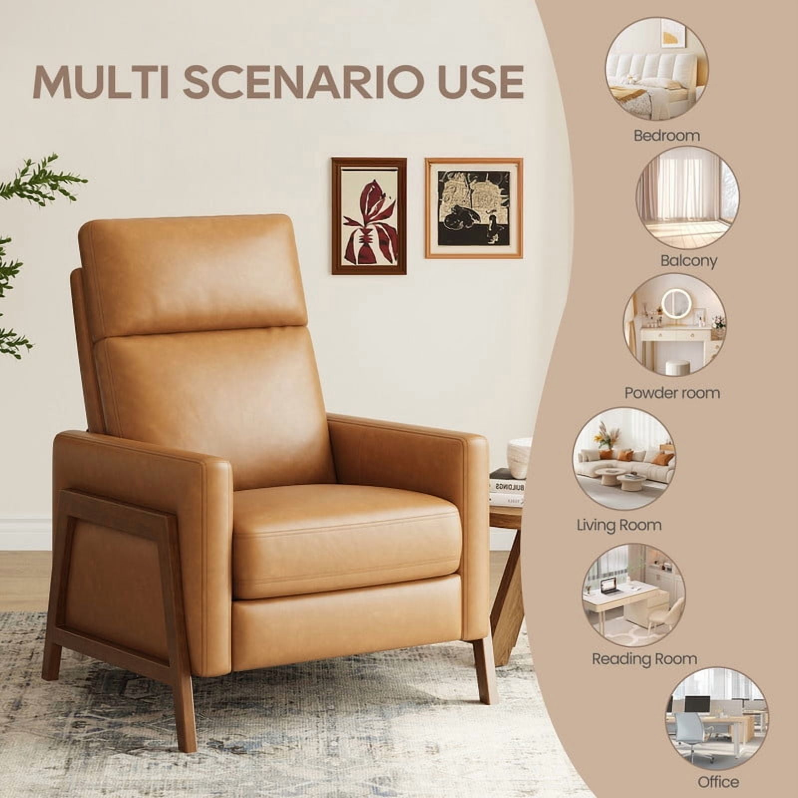 COLAMY Recliner Chair for Living Room, Brown Mid-Century Modern Push Back Recliner, Faux Leather Accent Armchair with Solid Wood Legs and Padded Seat for Small Spaces, Reading Chair