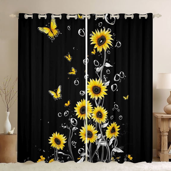 Homewish Country Sunflower Flower Black Out Curtains,Cute Cartoon Butterfly Curtains Pack of 2 (42x63 Each),Yellow Black Bedroom Curtains For Girls Kids,Breathable Home Decor