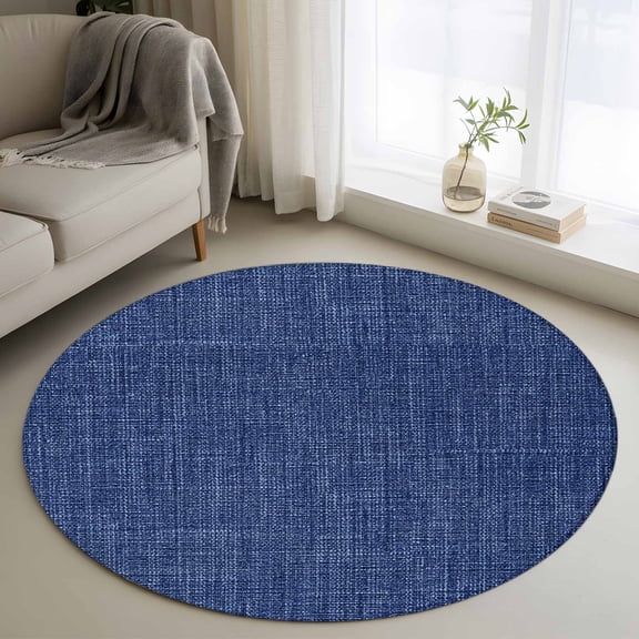 Round Area Rug 4ft, Navy Blue Retro Linen Non-Slip Non-Shedding Floor Mat, Solid Color Washable Sturdy Carpet for Living Room Bedroom Home Decor