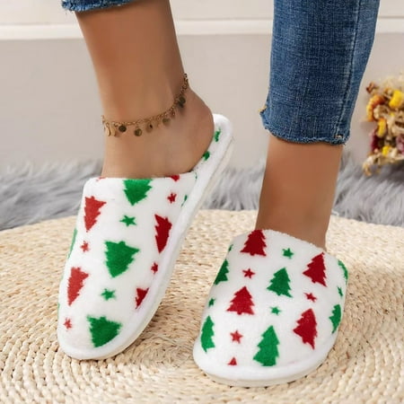 

Ladies Fashion Christmas Tree Printing Wool Baotou Warm Flat Cotton Slippers
