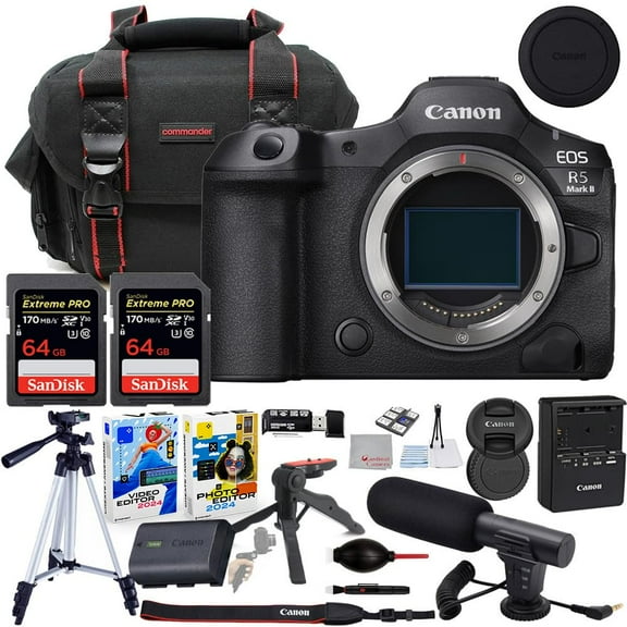 Canon EOS R5 Mark II Mirrorless Camera Body Only Bundle with Commander Gear Bag   Microphone   2X 64GB Extreme Memory Cards   Accessory Kit